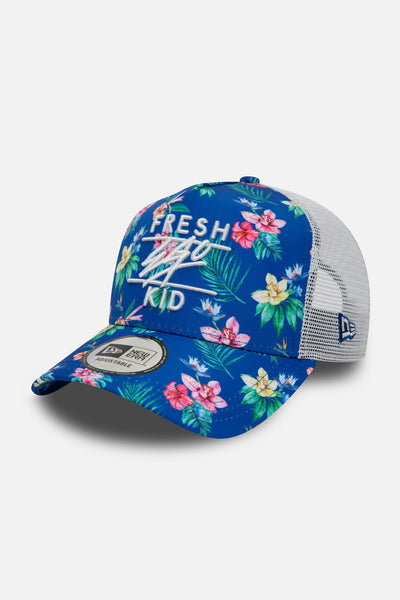 Fresh Ego Kid New Era flower print trucker in blue