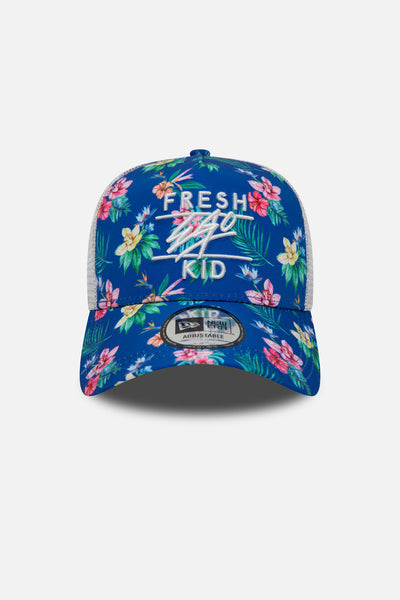 Fresh Ego Kid New Era flower print trucker in blue