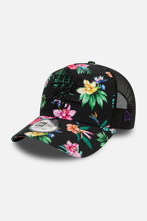 New Era flower print trucker in black